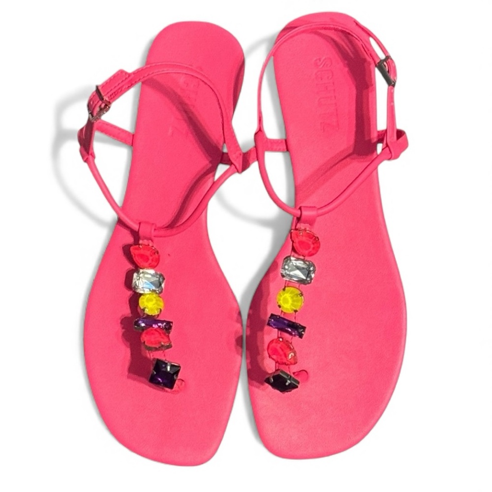 Schutz Eryl Neon Pink Embellished Thong Sandals Shoes 8.5 Resort Holiday Festive - Picture 2 of 10